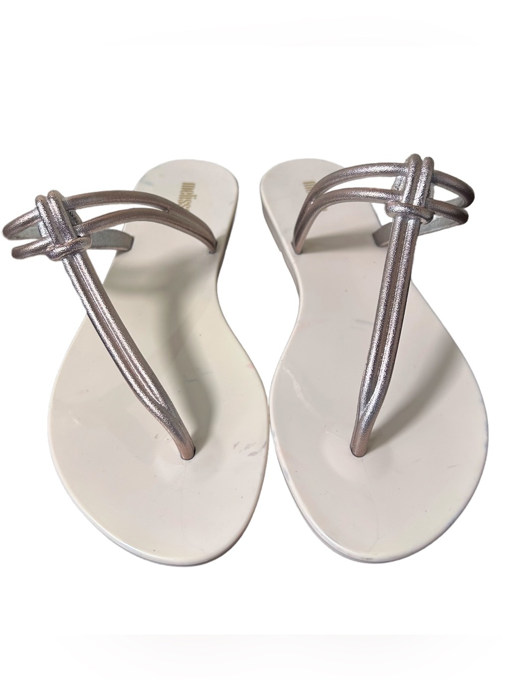 Melissa Sandals Size 9 Astral Chrome Metallic T-Strap Flip Flop‎